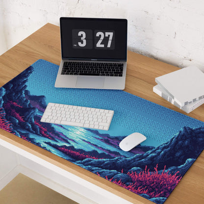 Nocturne Pixel Landscape Mouse Pad - Landscape Blue Moon Desk Pixel Art → Moody Retro Arcade Desk Pad Pixel Art
