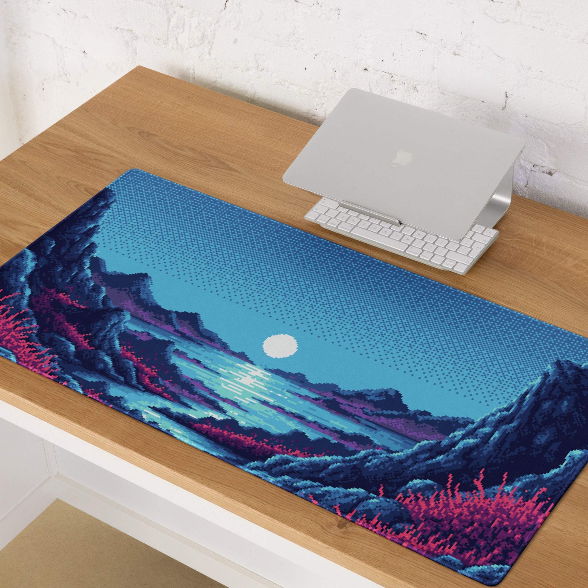 Nocturne Pixel Landscape Mouse Pad - Landscape Blue Moon Desk Pixel Art → Moody Retro Arcade Desk Pad Pixel Art
