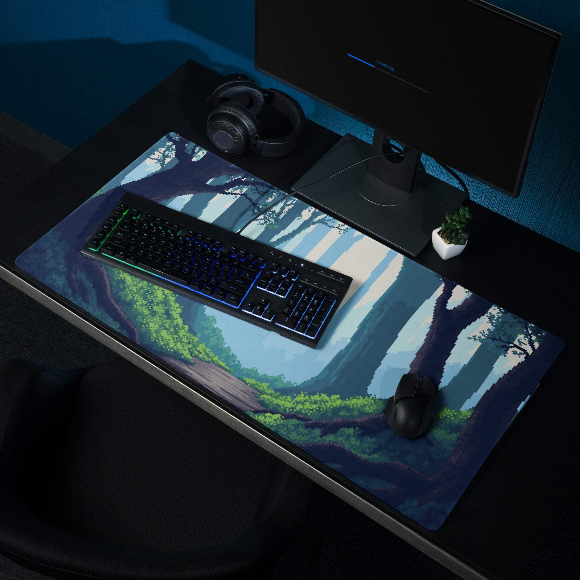 Forest Trail Pixel Art Mouse Pad - Forest Scene Blue Teal Green Desk Mat Calm Modern Gaming Mouse Pad Digital Art