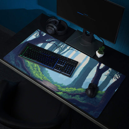 Forest Trail Pixel Art Mouse Pad - Forest Scene Blue Teal Green Desk Mat Calm Modern Gaming Mouse Pad Digital Art
