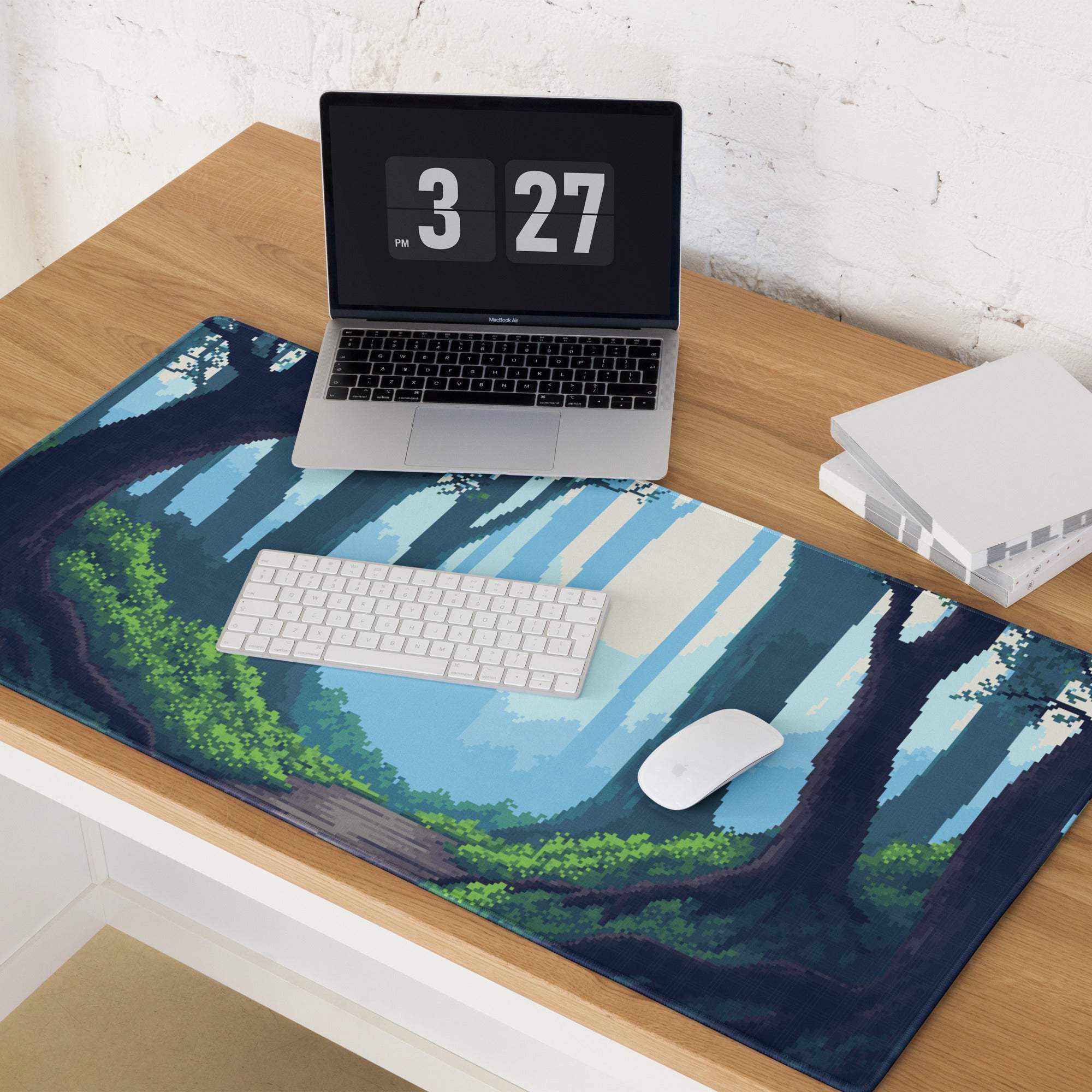 Forest Trail Pixel Art Mouse Pad - Forest Scene Blue Teal Green Desk Mat Calm Modern Gaming Mouse Pad Digital Art
