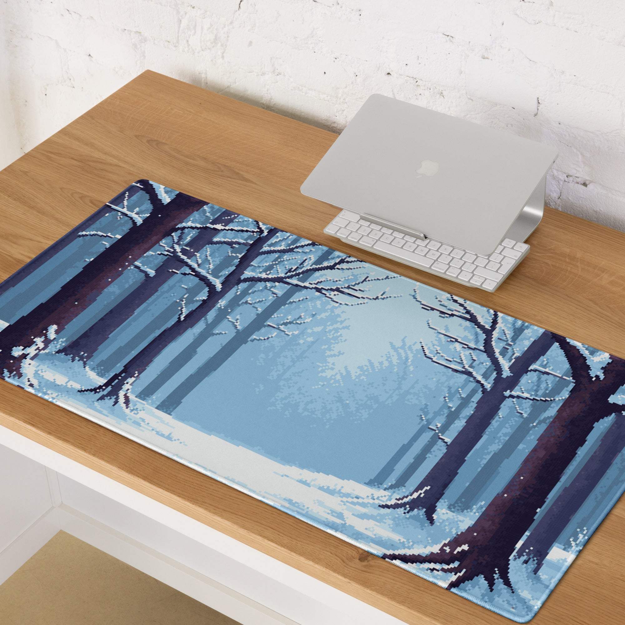 Winter Forest Pixel Art Mouse Pad - Winter Forest Blue Desk Pixel Art Calm Winter Mood Nordic Office Decor Pixel Artwork