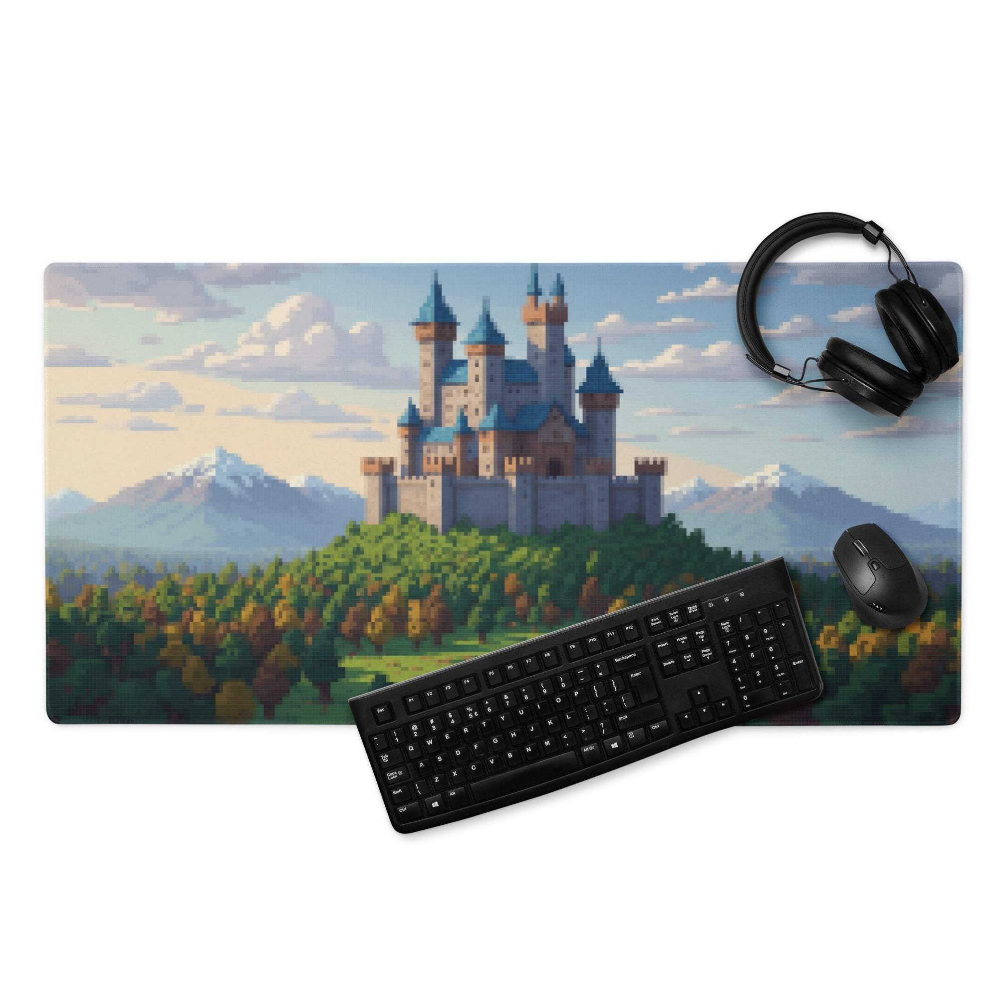 Castle Vista Pixel Mouse Pad - Castle, Blue, Green, Gaming Desk, Pixel Art Fantasy Mood, Castle Mouse Pad