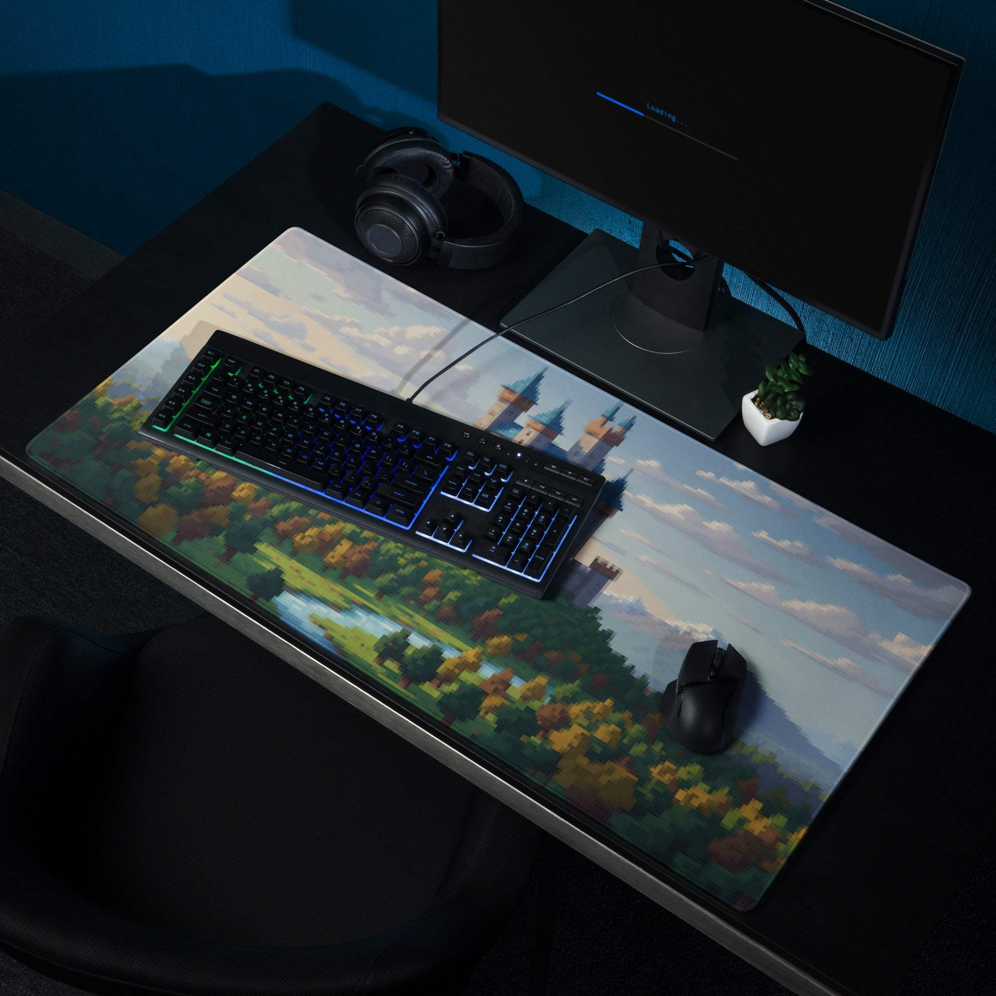 Castle Vista Pixel Mouse Pad - Castle, Blue, Green, Gaming Desk, Pixel Art Fantasy Mood, Castle Mouse Pad