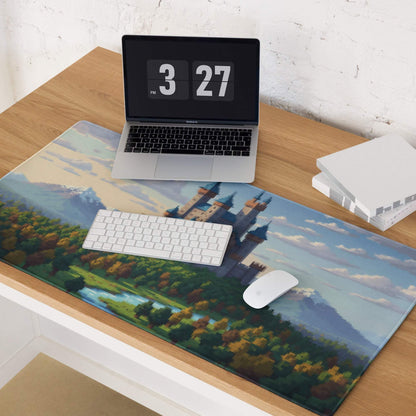 Castle Vista Pixel Mouse Pad - Castle, Blue, Green, Gaming Desk, Pixel Art Fantasy Mood, Castle Mouse Pad