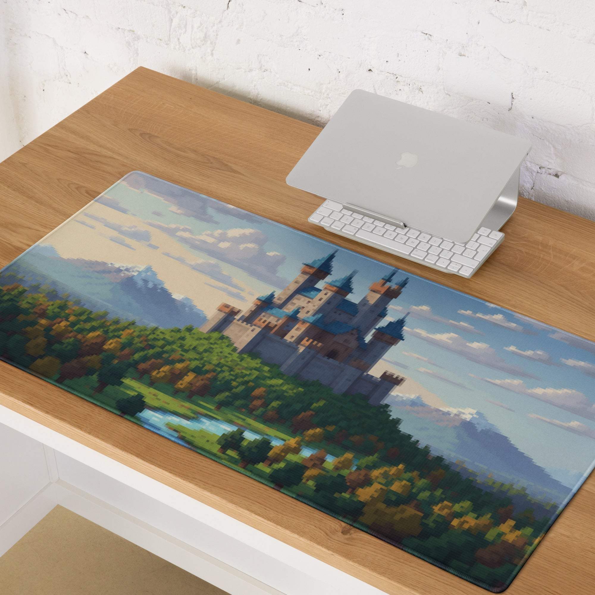 Castle Vista Pixel Mouse Pad - Castle, Blue, Green, Gaming Desk, Pixel Art Fantasy Mood, Castle Mouse Pad