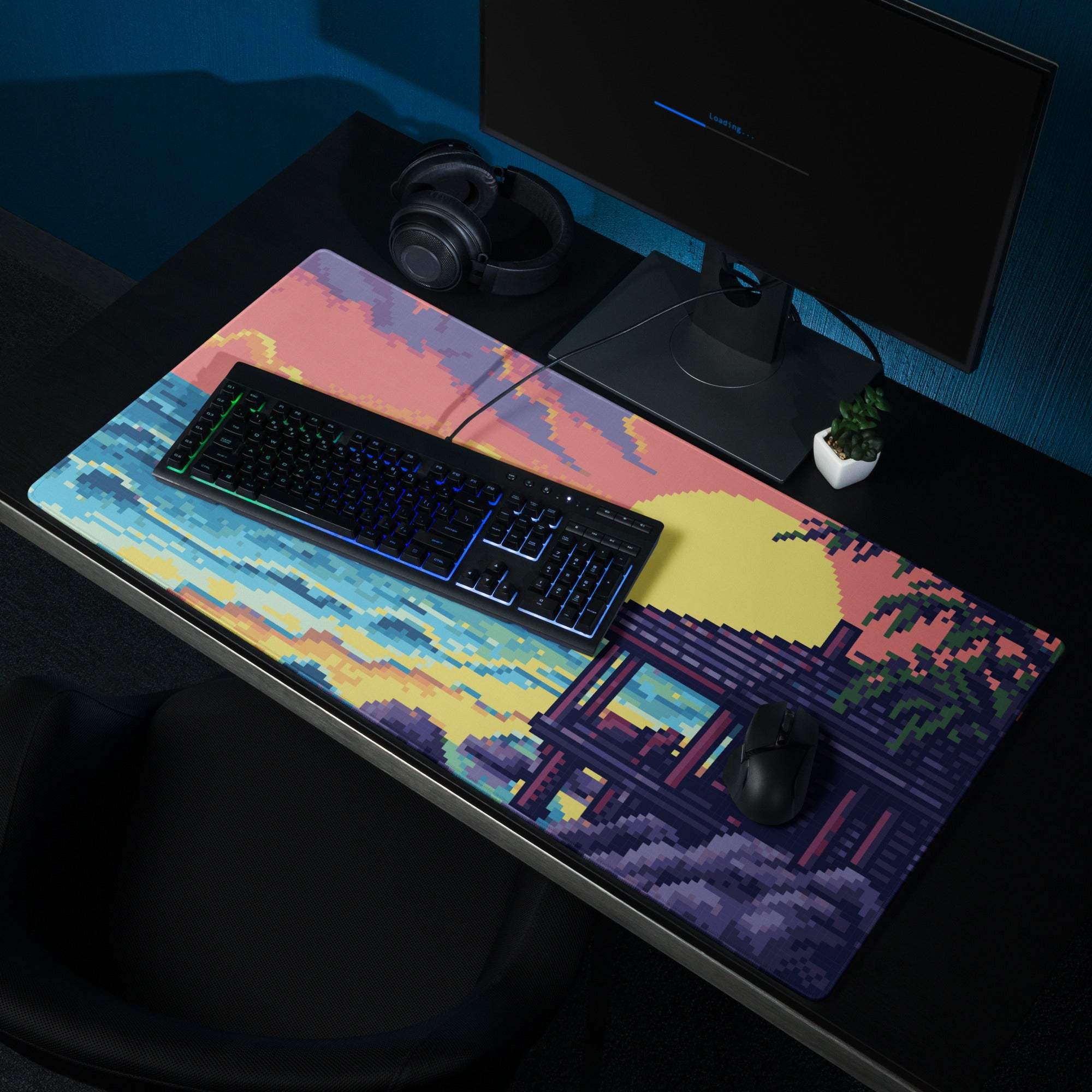 Pixel Sunset Beach Gaming Pad - Beach Sunset Pixel Art Pink Purple Orange Yellow Gaming Pad Mood Vibrant Modern Digital