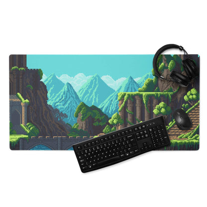 Pixel Mountain Gaming Mouse Pad - Mountain Landscape Teal Blue Gaming Desk Pixel Art Vibrant Gamer Desk Mat Pixel Art