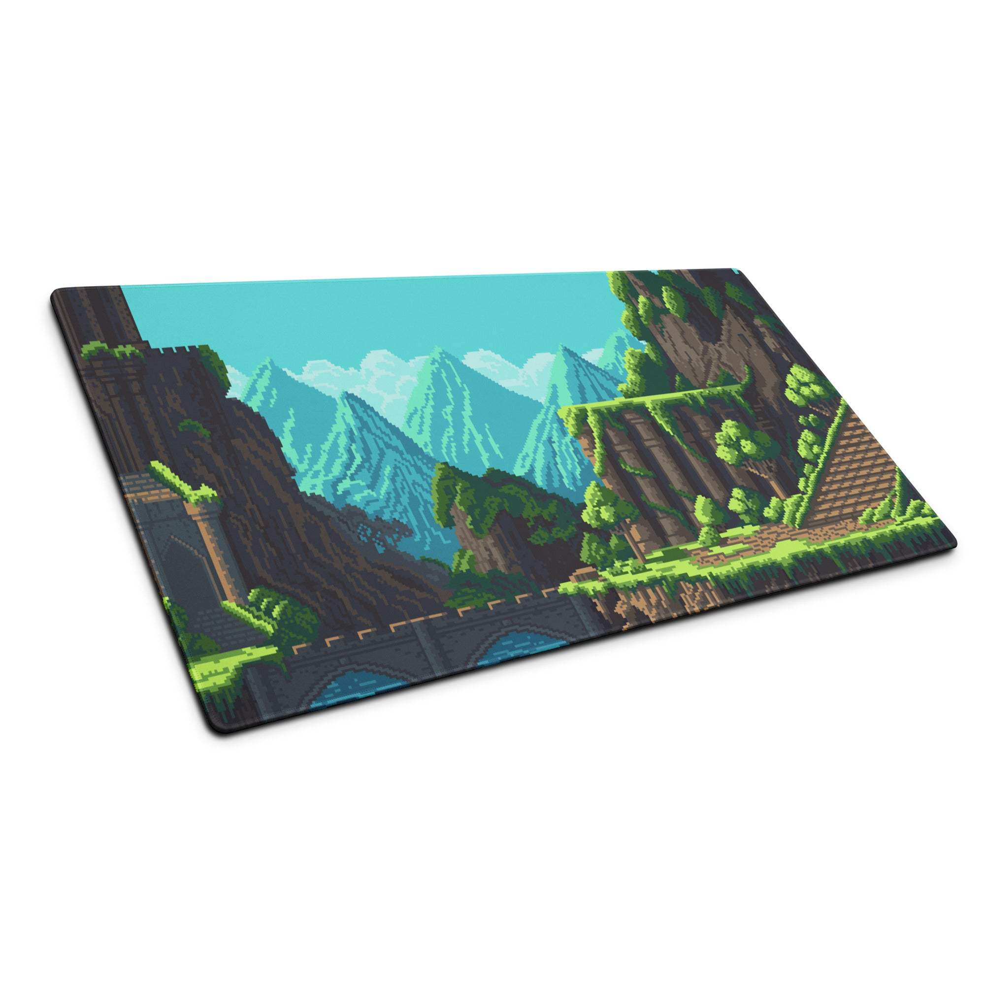 Pixel Mountain Gaming Mouse Pad - Mountain Landscape Teal Blue Gaming Desk Pixel Art Vibrant Gamer Desk Mat Pixel Art