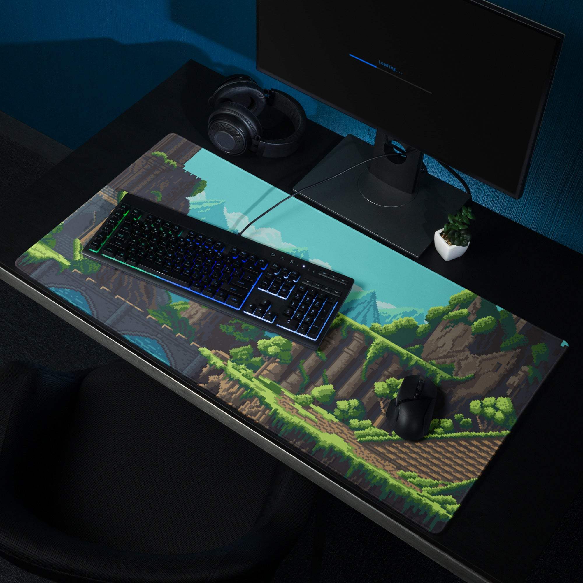 Pixel Mountain Gaming Mouse Pad - Mountain Landscape Teal Blue Gaming Desk Pixel Art Vibrant Gamer Desk Mat Pixel Art