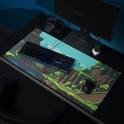 Pixel Mountain Gaming Mouse Pad - Mountain Landscape Teal Blue Gaming Desk Pixel Art Vibrant Gamer Desk Mat Pixel Art