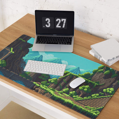 Pixel Mountain Gaming Mouse Pad - Mountain Landscape Teal Blue Gaming Desk Pixel Art Vibrant Gamer Desk Mat Pixel Art