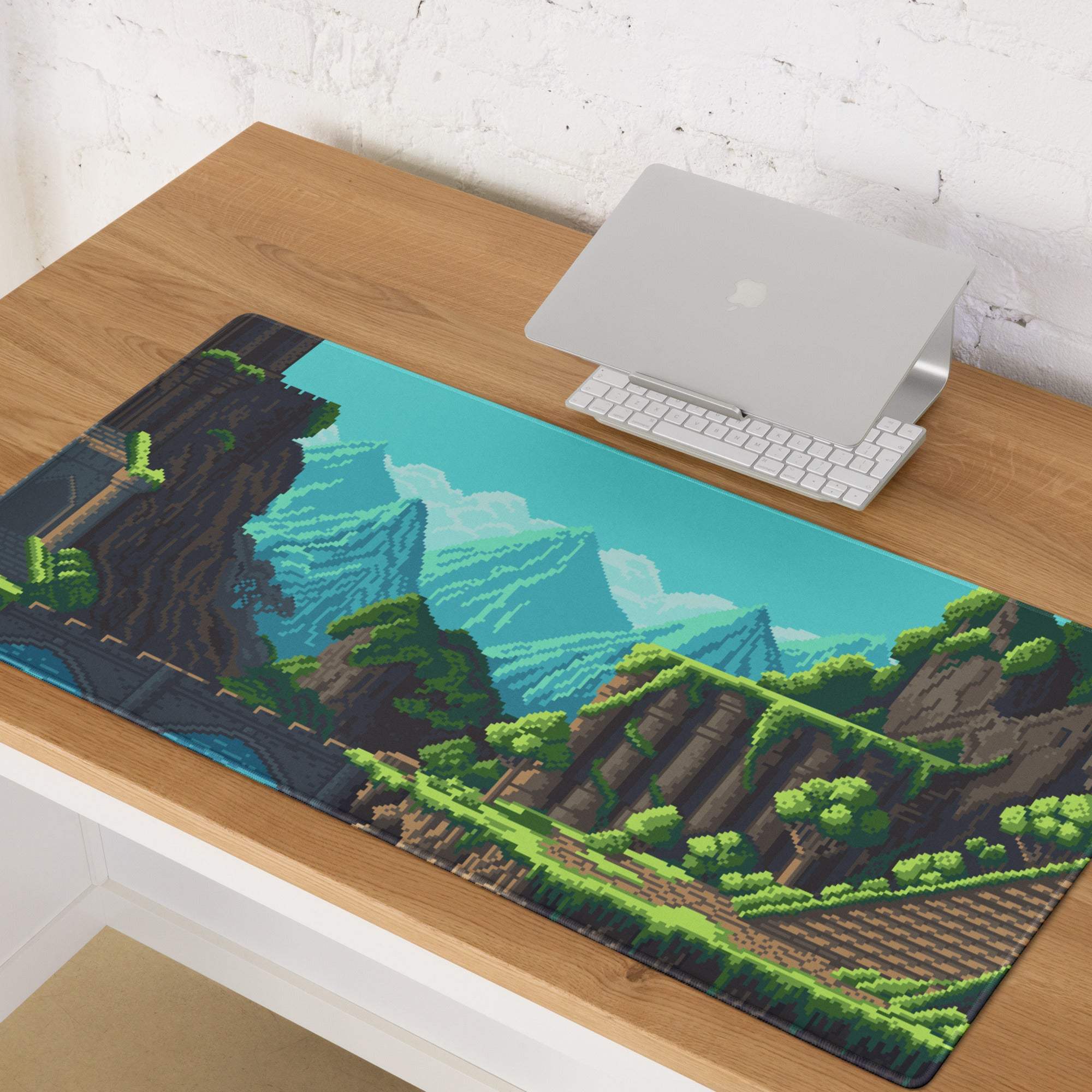 Pixel Mountain Gaming Mouse Pad - Mountain Landscape Teal Blue Gaming Desk Pixel Art Vibrant Gamer Desk Mat Pixel Art