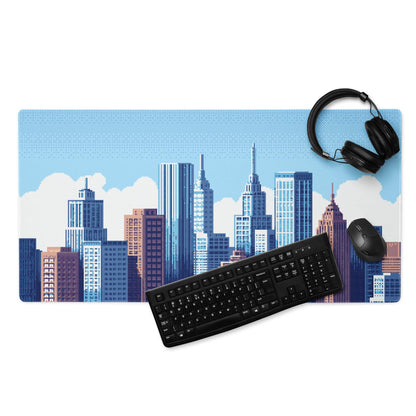 Blue City Skyline Gaming Pad - City Skyline Blue Gaming Desk Mouse Pad Minimalist Vector Calm Mood Urban Decor Print