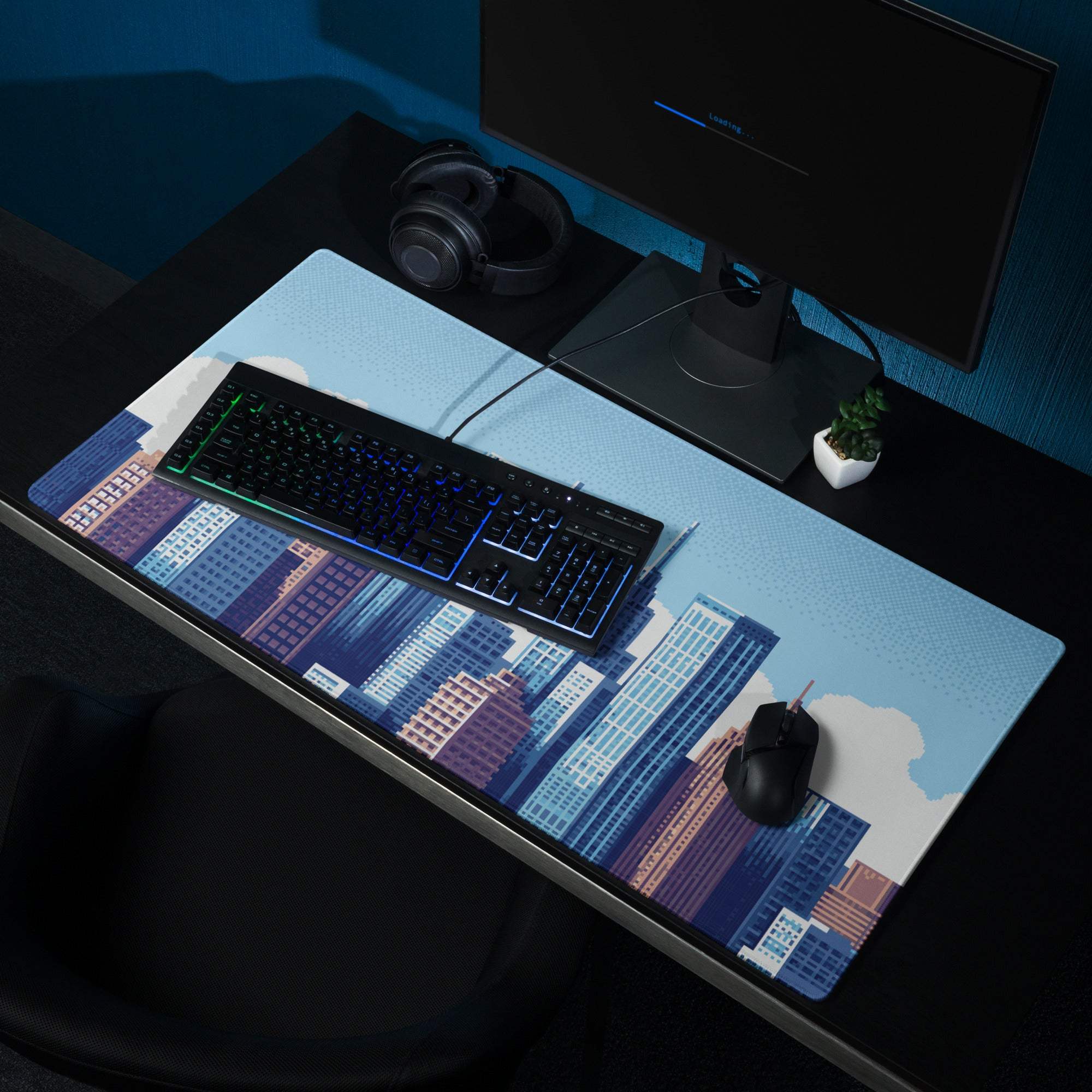 Blue City Skyline Gaming Pad - City Skyline Blue Gaming Desk Mouse Pad Minimalist Vector Calm Mood Urban Decor Print