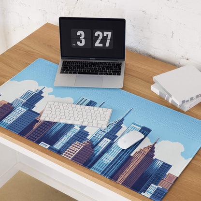 Blue City Skyline Gaming Pad - City Skyline Blue Gaming Desk Mouse Pad Minimalist Vector Calm Mood Urban Decor Print