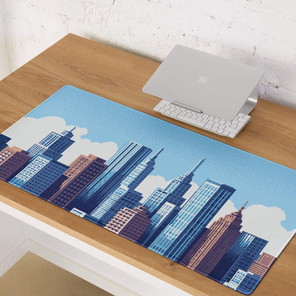 Blue City Skyline Gaming Pad - City Skyline Blue Gaming Desk Mouse Pad Minimalist Vector Calm Mood Urban Decor Print