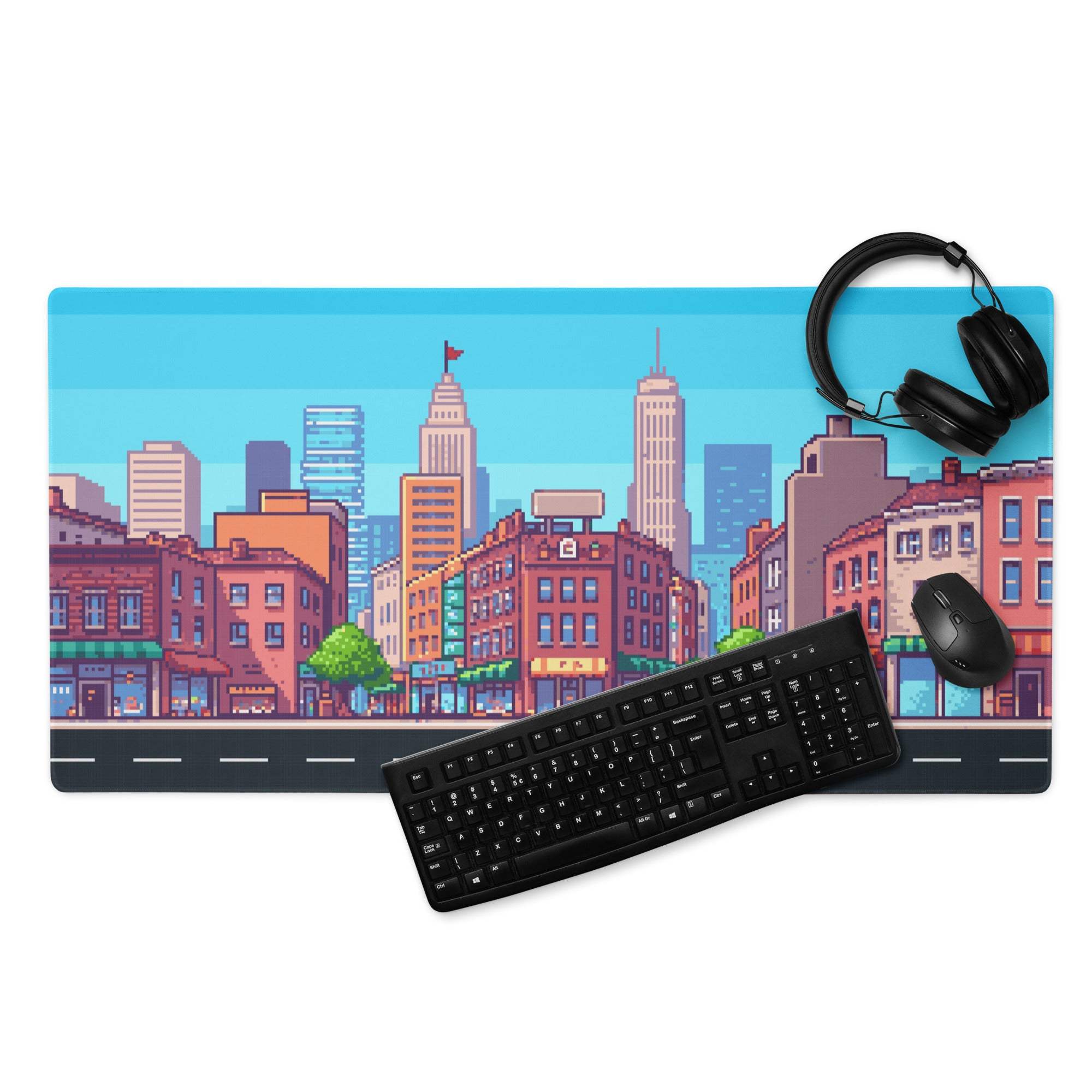 Pixel City Skyline Gaming Mouse Pad - City Skyline Blue Gaming Pixel Art Vibrant Urban Modern Large Desk Pad Non Slip