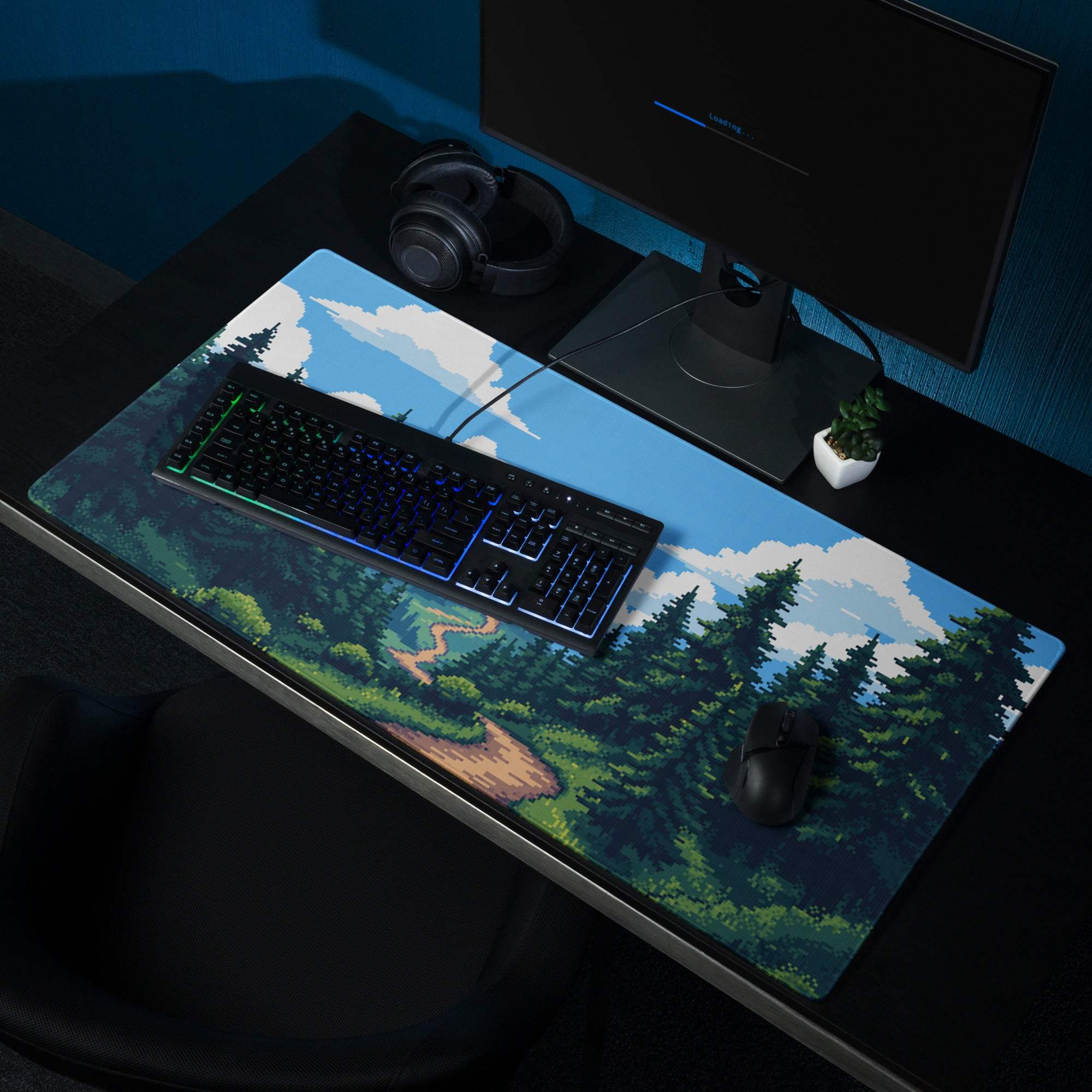 Pixel Forest Adventure Mouse Pad - Gaming Mouse Pad Blue Forest Pixel Art Desk Setup Serene Mood Modern Rustic Game Room Accessory Pixel Art