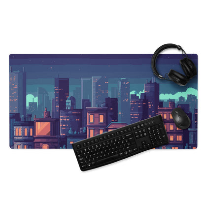 Night City Pixel Art Pad - Cityscape Mouse Pad Purple Blue Gradient Gaming Moody Neon Cyberpunk Urban Large Desk Mat