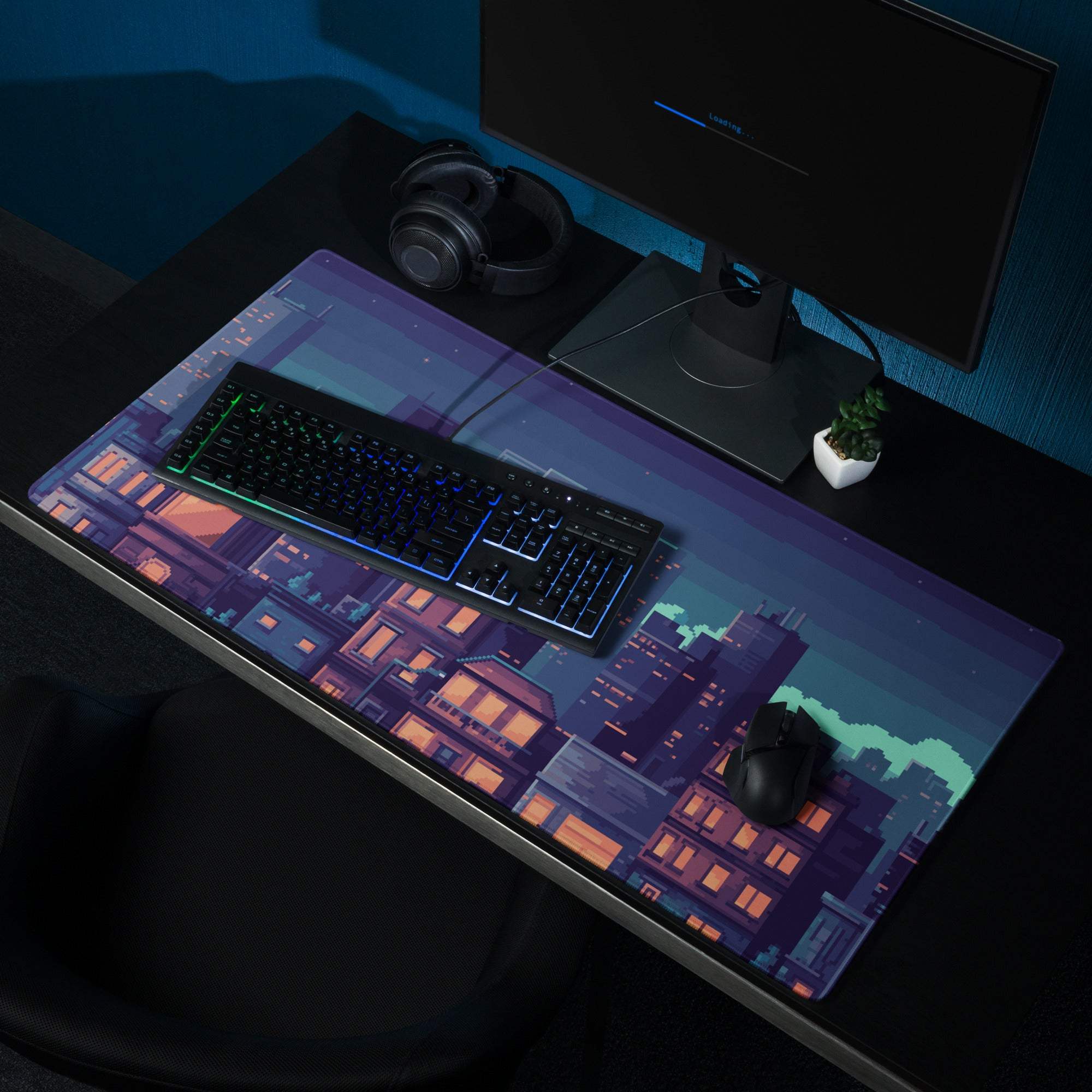 Night City Pixel Art Pad - Cityscape Mouse Pad Purple Blue Gradient Gaming Moody Neon Cyberpunk Urban Large Desk Mat