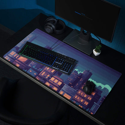 Night City Pixel Art Pad - Cityscape Mouse Pad Purple Blue Gradient Gaming Moody Neon Cyberpunk Urban Large Desk Mat