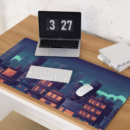 Night City Pixel Art Pad - Cityscape Mouse Pad Purple Blue Gradient Gaming Moody Neon Cyberpunk Urban Large Desk Mat