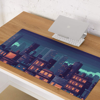 Night City Pixel Art Pad - Cityscape Mouse Pad Purple Blue Gradient Gaming Moody Neon Cyberpunk Urban Large Desk Mat