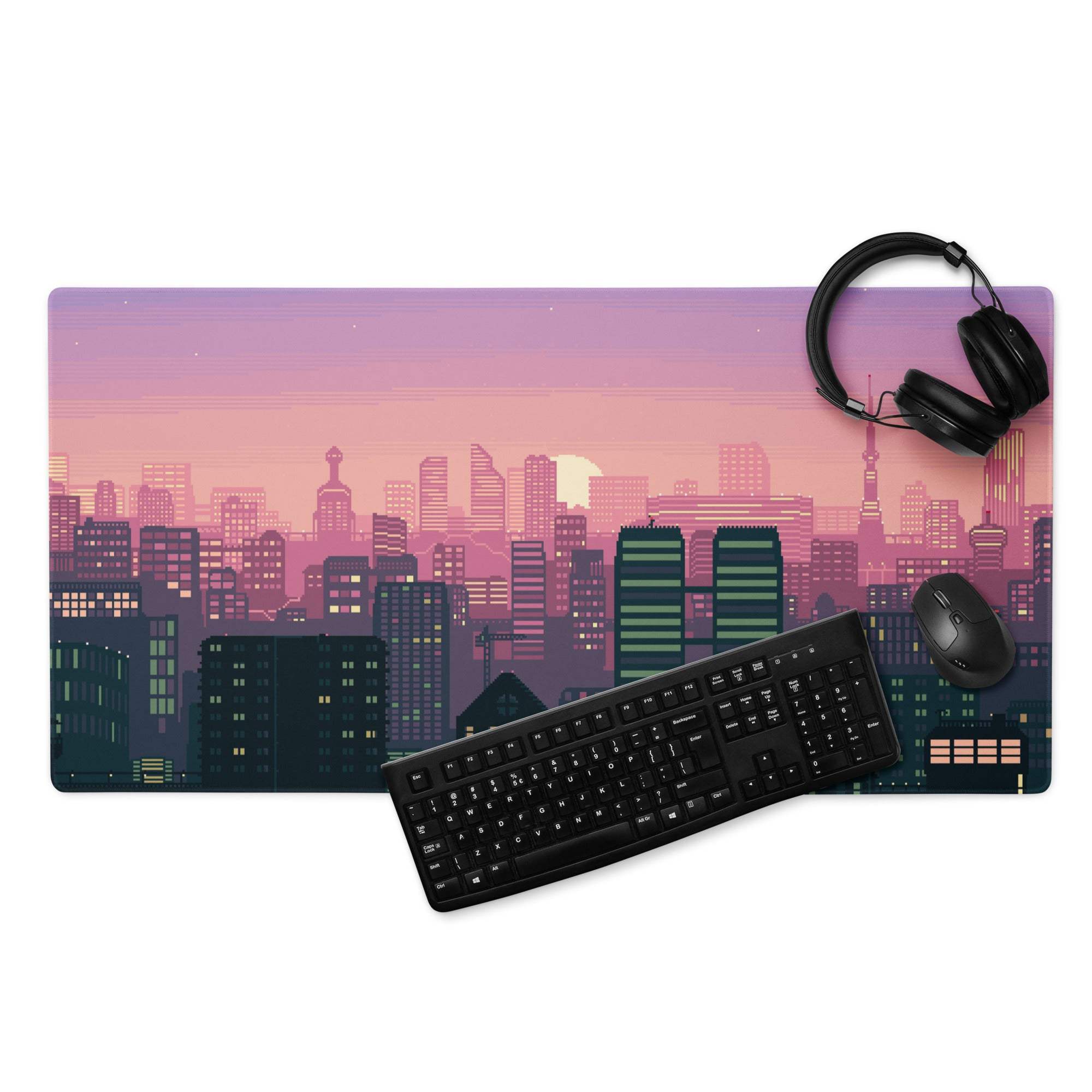 Aurora Cityscape Gaming Pad - Cityscape Pad Purple Pink Gradient Desk Pixel Art Sunset Mood Neon Futurism Digital Art