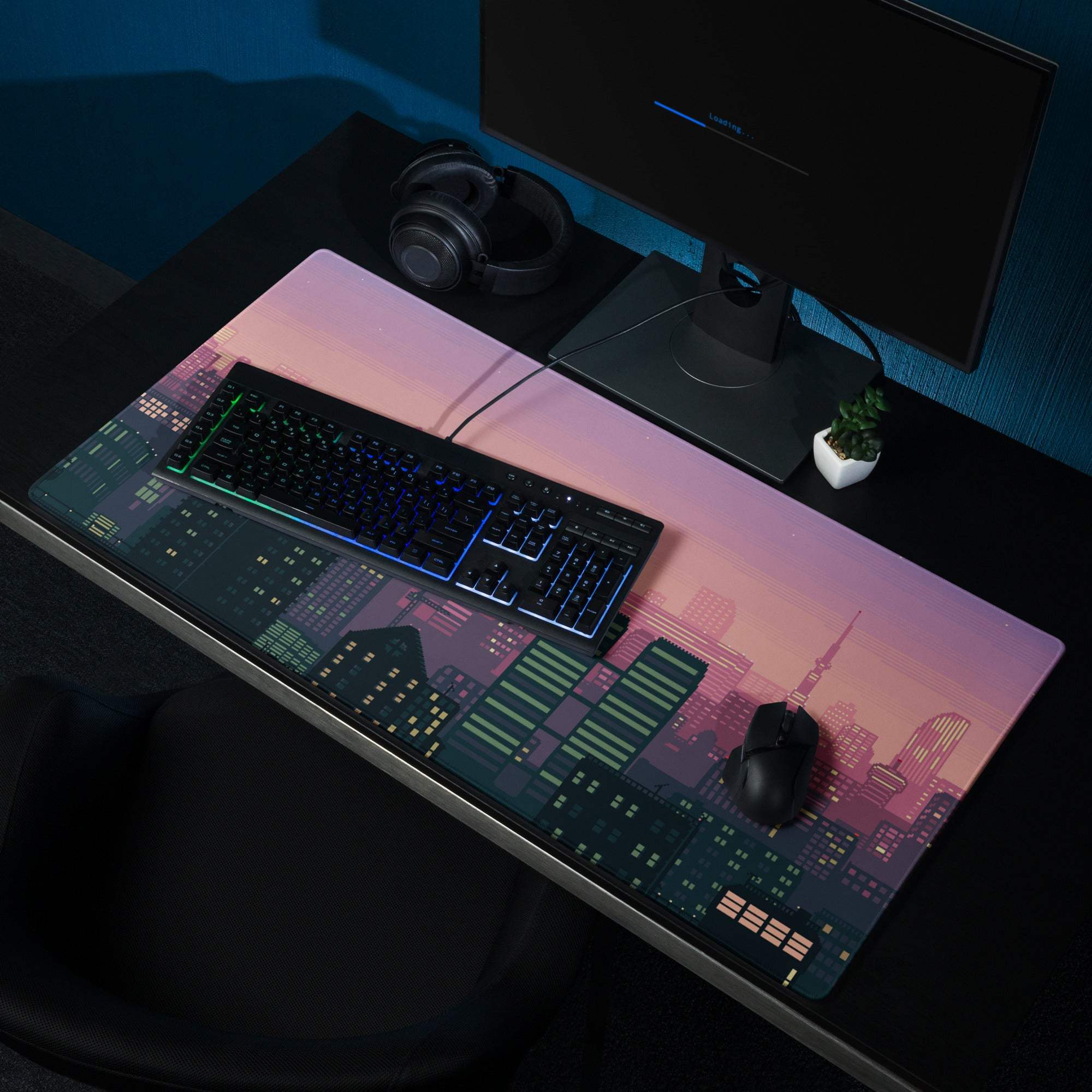 Aurora Cityscape Gaming Pad - Cityscape Pad Purple Pink Gradient Desk Pixel Art Sunset Mood Neon Futurism Digital Art
