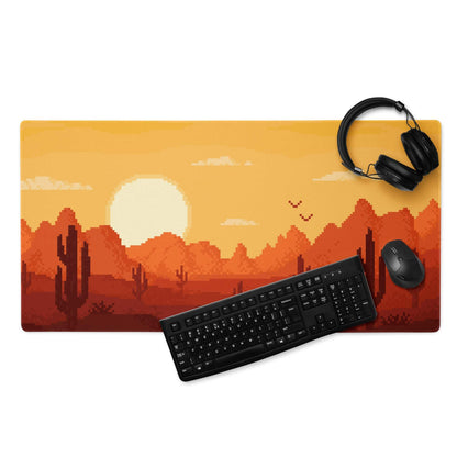 Pixel Desert Sunset Gaming Pad - Desert Sunset Orange Yellow Desktop Pixel Art Warm Retro Desert Landscape Desk Mat