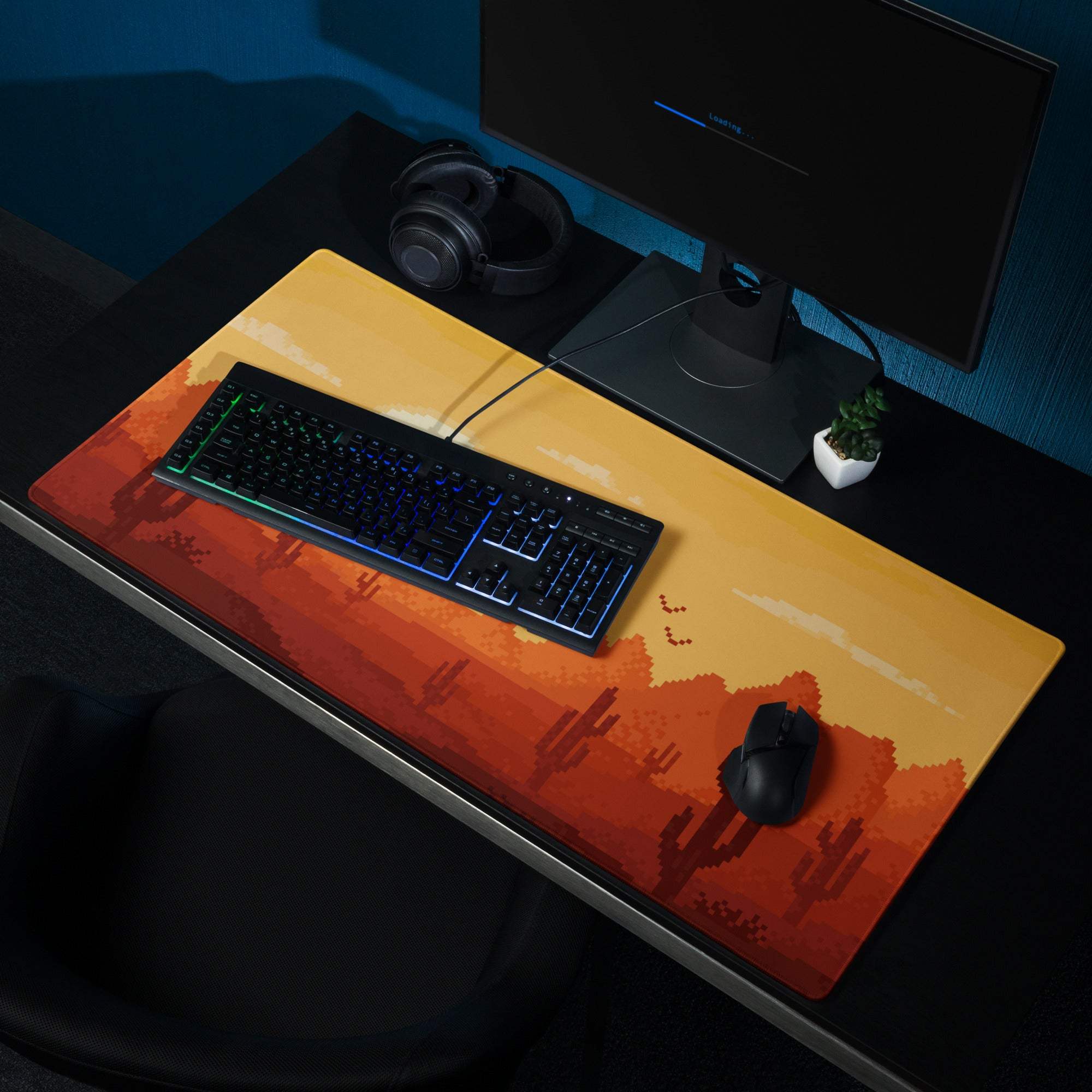 Pixel Desert Sunset Gaming Pad - Desert Sunset Orange Yellow Desktop Pixel Art Warm Retro Desert Landscape Desk Mat