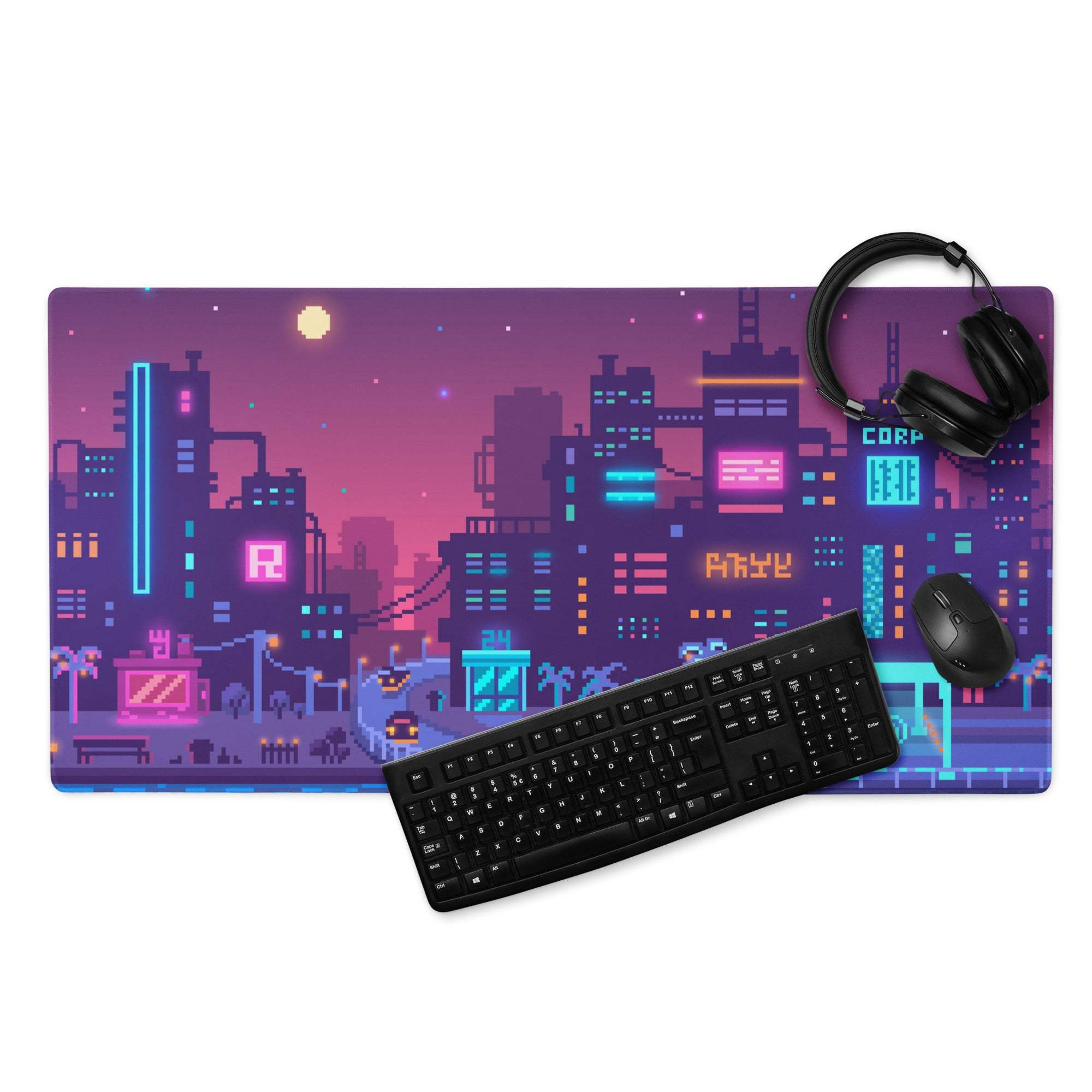 Neon City Pixel Mouse Pad - Gaming Mouse Pad Purple Blue Neon Desk Cyberpunk Vibrant Futuristic Neon Cityscape Pixel Art