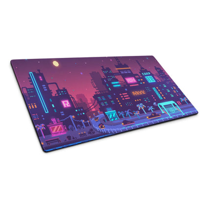 Neon City Pixel Mouse Pad - Gaming Mouse Pad Purple Blue Neon Desk Cyberpunk Vibrant Futuristic Neon Cityscape Pixel Art