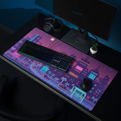 Neon City Pixel Mouse Pad - Gaming Mouse Pad Purple Blue Neon Desk Cyberpunk Vibrant Futuristic Neon Cityscape Pixel Art