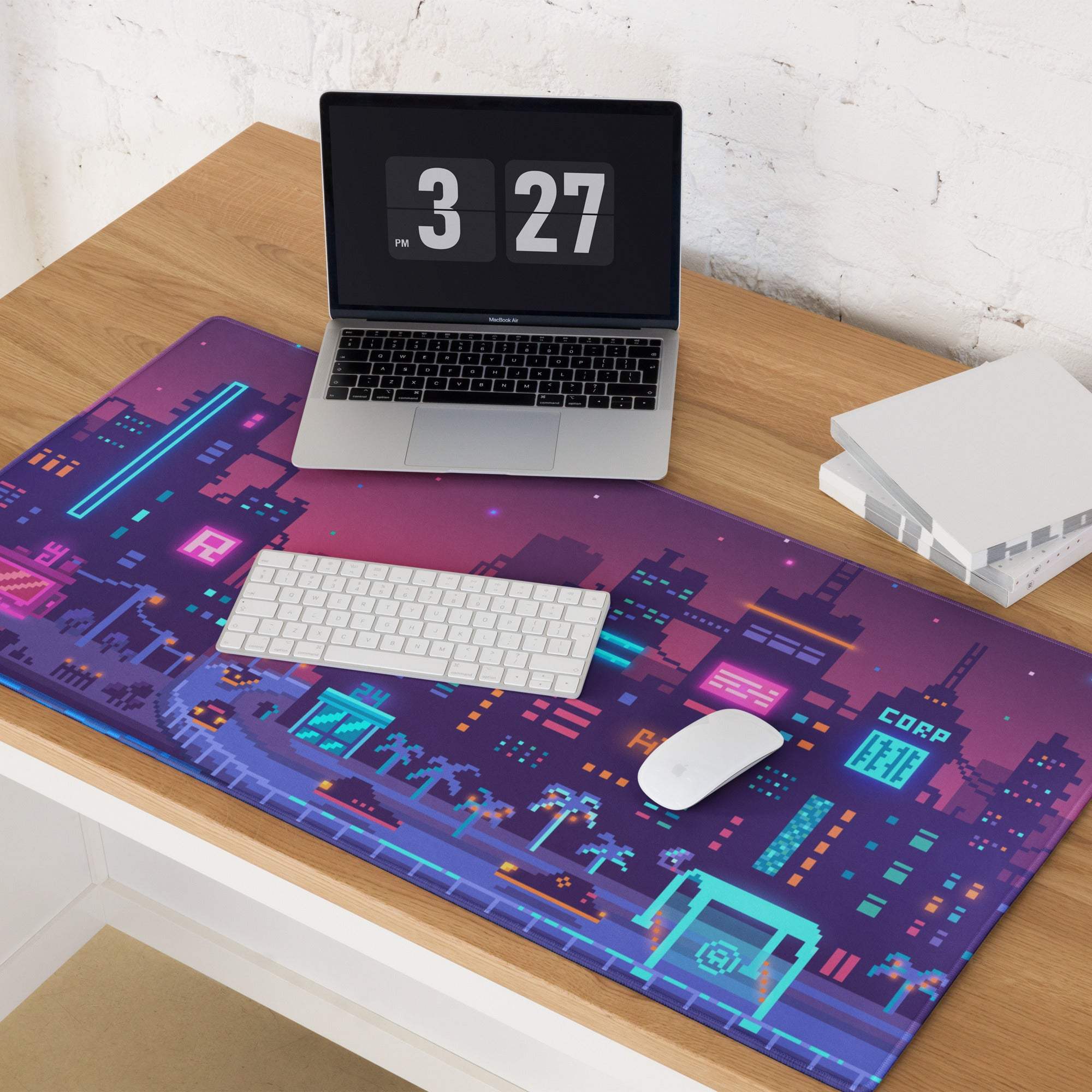 Neon City Pixel Mouse Pad - Gaming Mouse Pad Purple Blue Neon Desk Cyberpunk Vibrant Futuristic Neon Cityscape Pixel Art