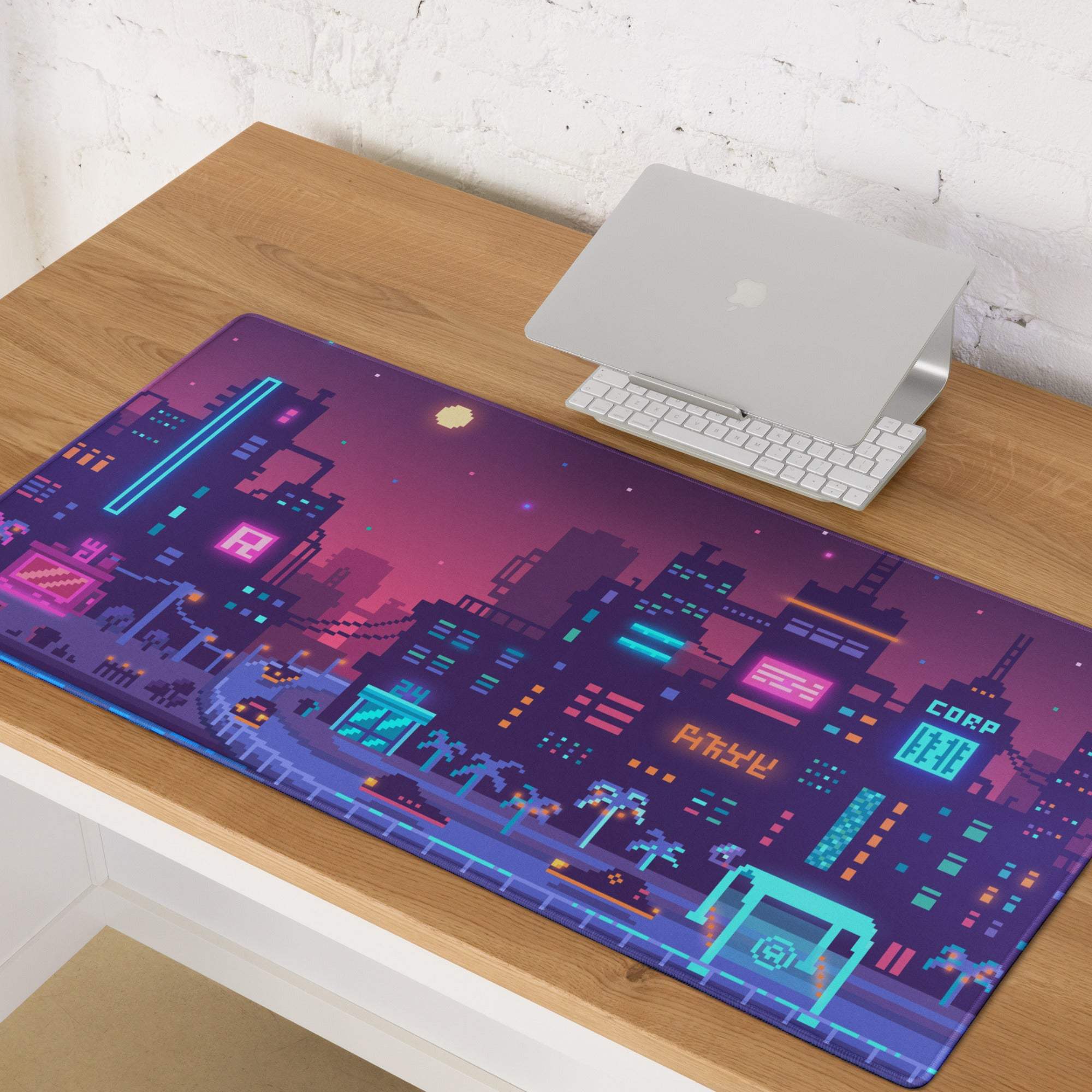Neon City Pixel Mouse Pad - Gaming Mouse Pad Purple Blue Neon Desk Cyberpunk Vibrant Futuristic Neon Cityscape Pixel Art