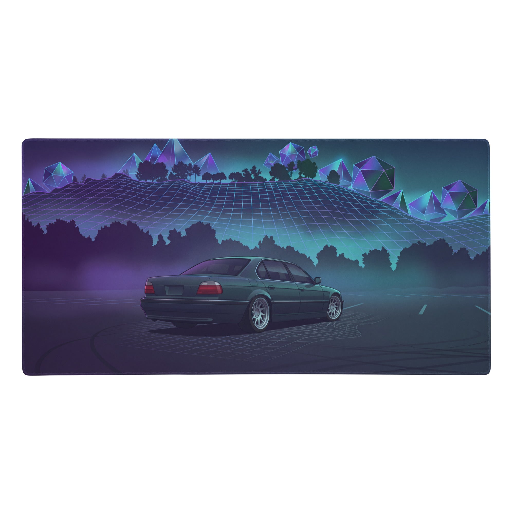Navy blue rectangular gaming mousepad featuring a stylized green BMW 7 Series E38 on a neon grid landscape
