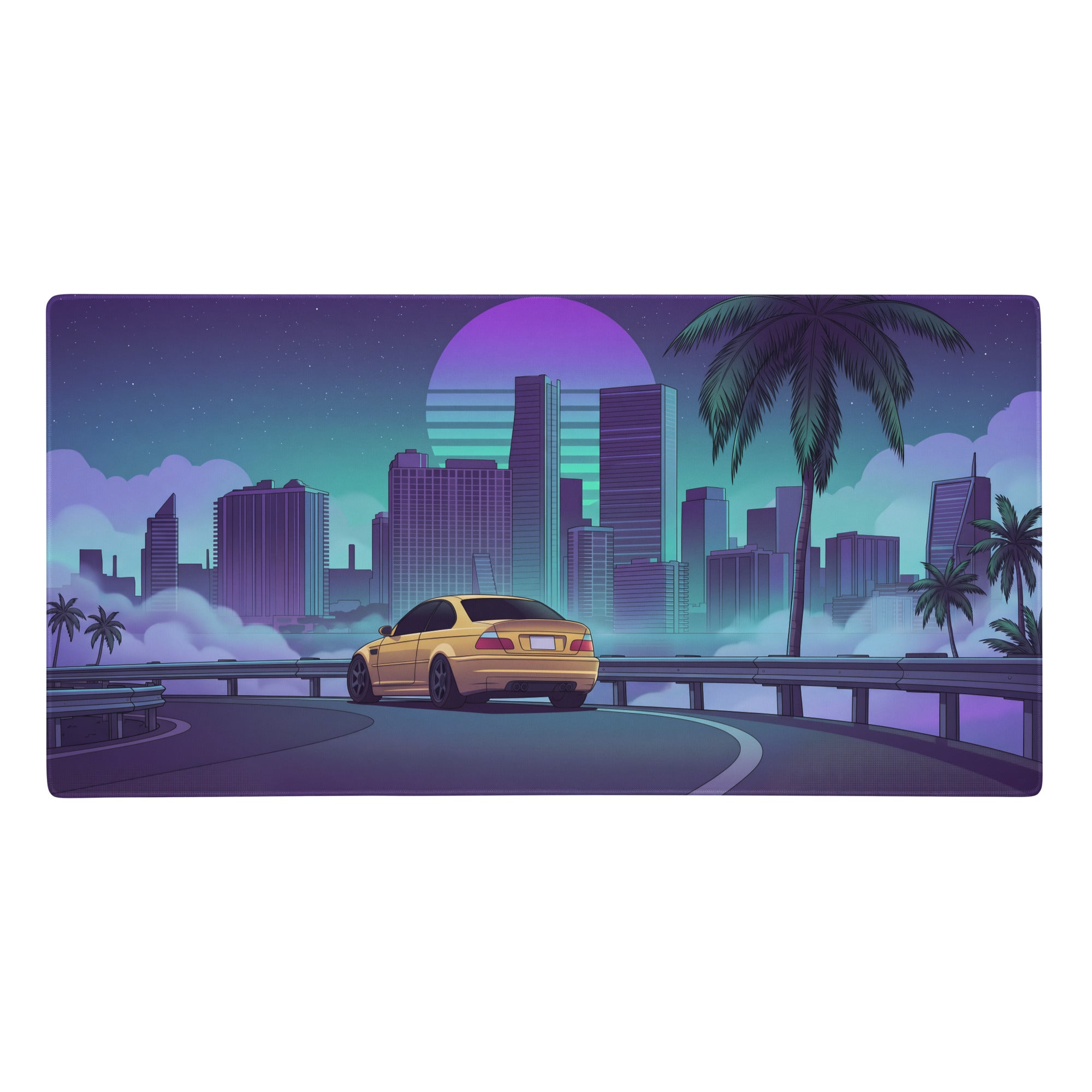 Bmw m3 e46 inspired gold purple vaporwave gaming mouse pad featuring a yellow sports car on neon city highway at night