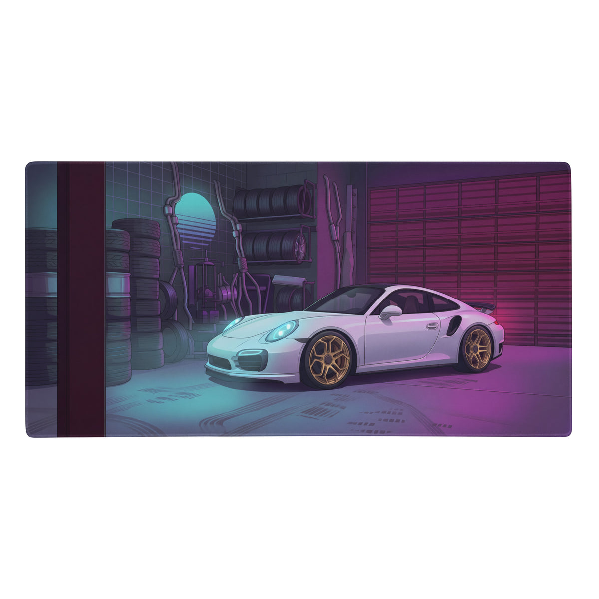 White porsche 911 with gold rims in neon-lit garage on porsche 911 turbo s inspired vaporwave gaming mouse pad