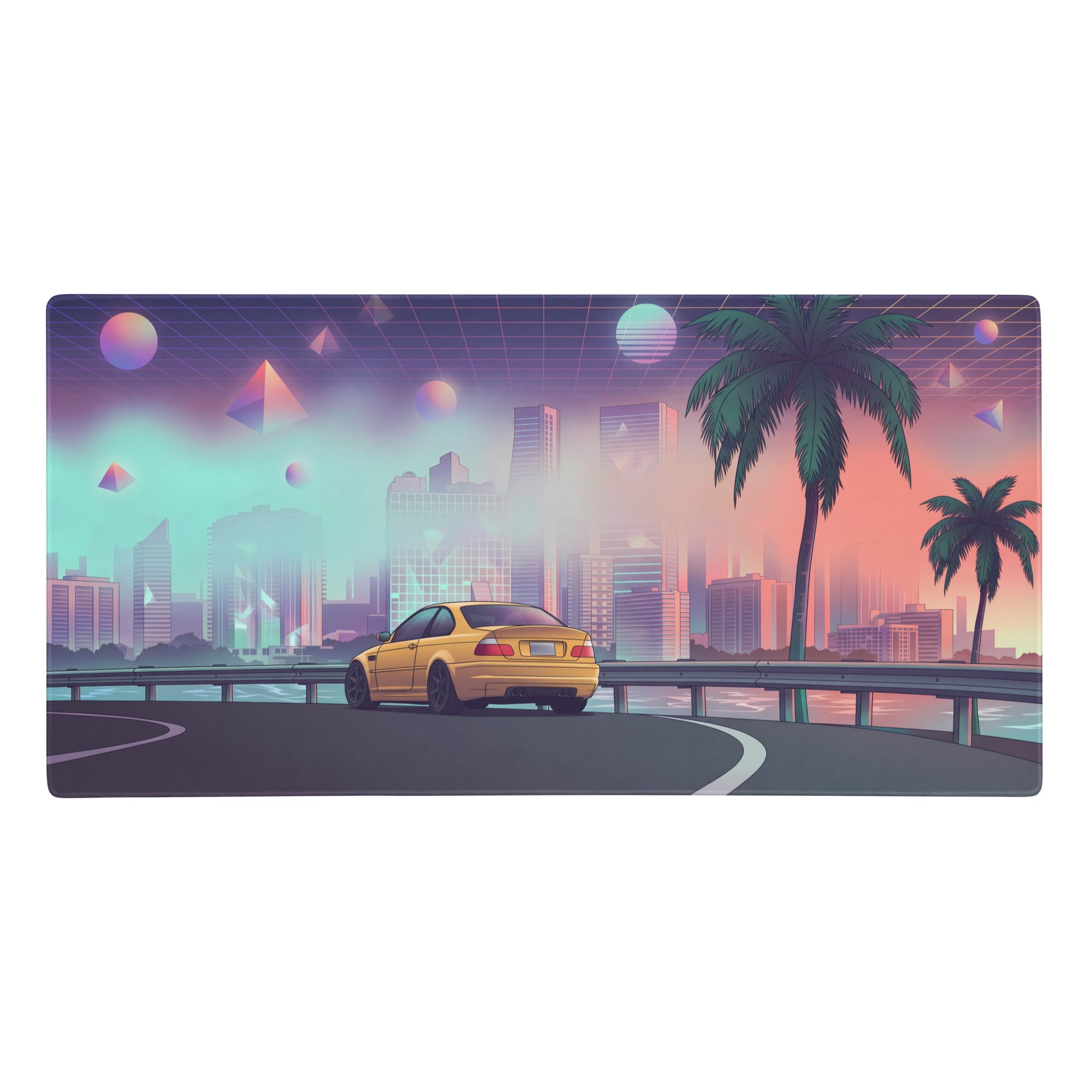 Yellow sports car on futuristic highway sunset on bmw m3 e46 inspired gold pink vaporwave gaming mouse pad