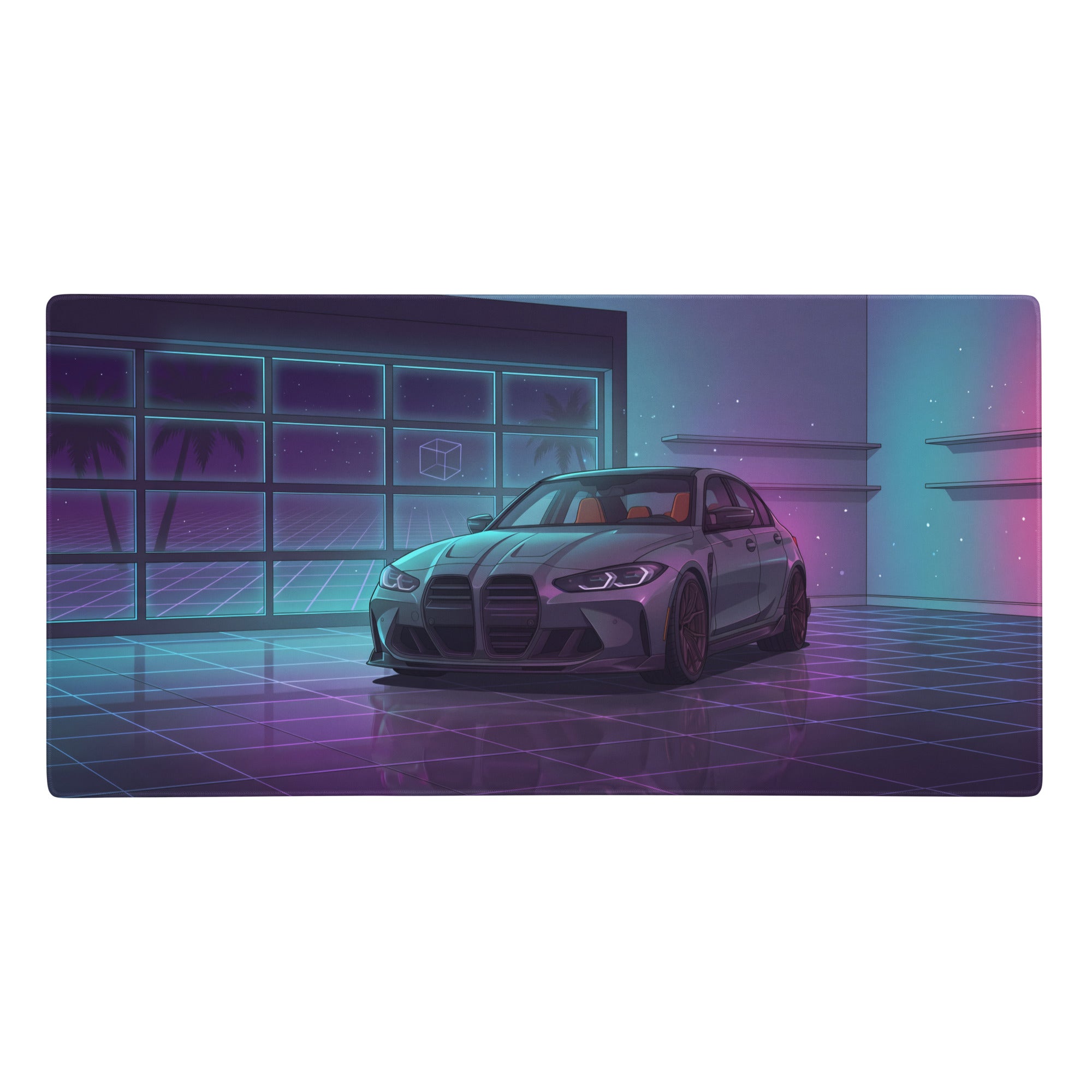Bmw m3 g80 inspired gray purple vaporwave gaming mouse pad featuring a sleek silver m3 sedan with black stripes in neon garage