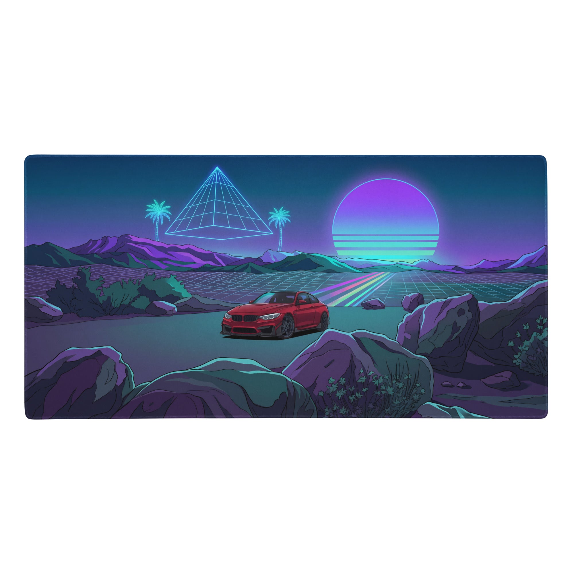 Red bmw m4 f82 inspired vaporwave gaming mouse pad featuring neon sports coupe and purple blue sunset artwork