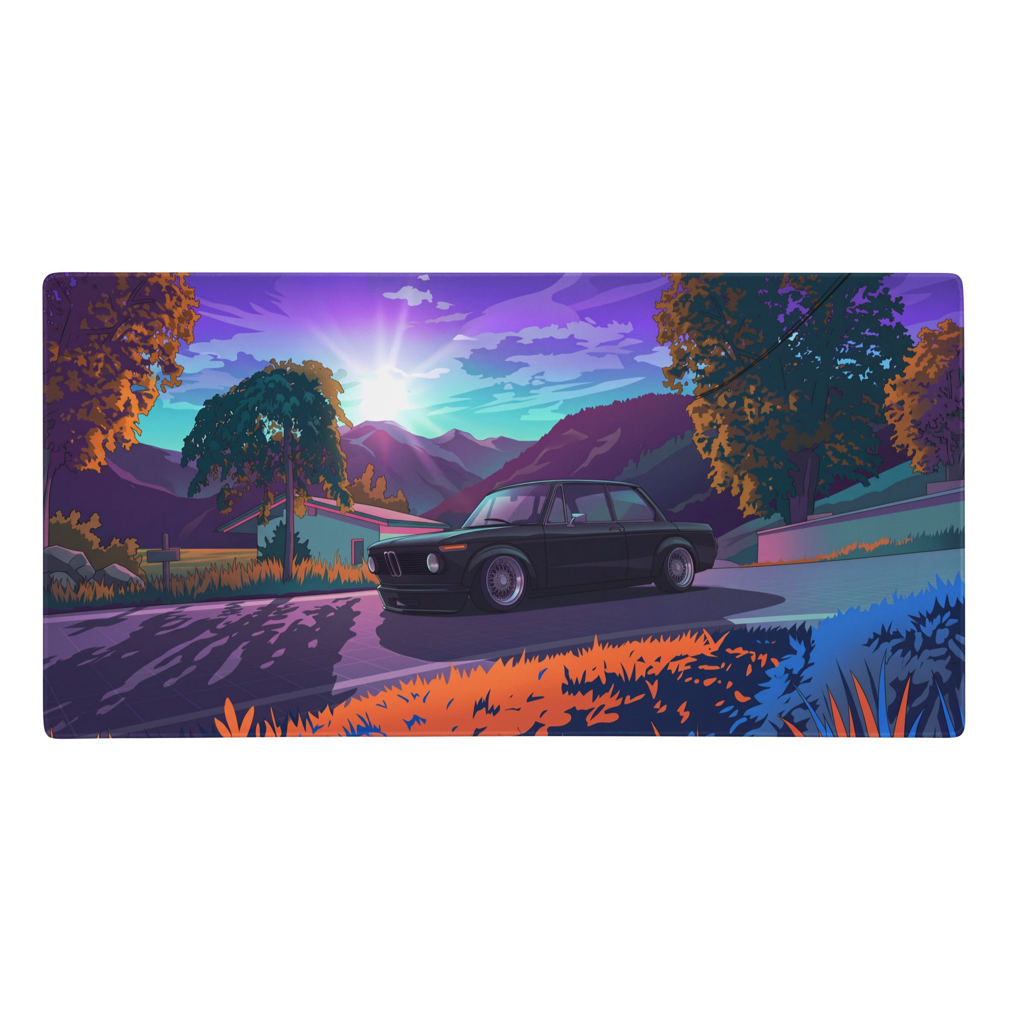 Black bmw 2002 sedan illustrated on a rectangular vaporwave gaming mousepad with purple orange and teal neon landscape design