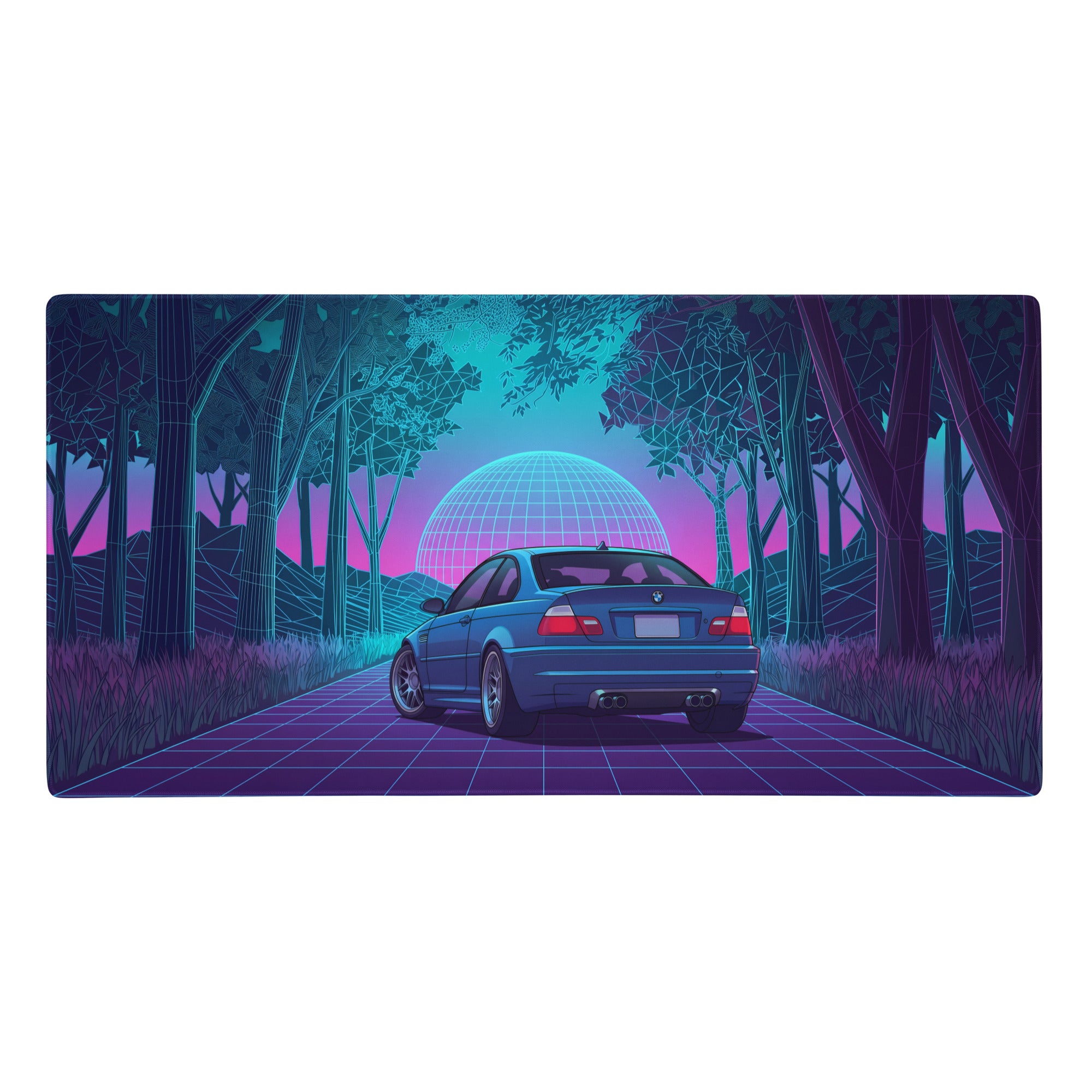 Blue BMW M3 E46 inspired vaporwave gaming mouse pad with neon sports car and retro futuristic forest grid design