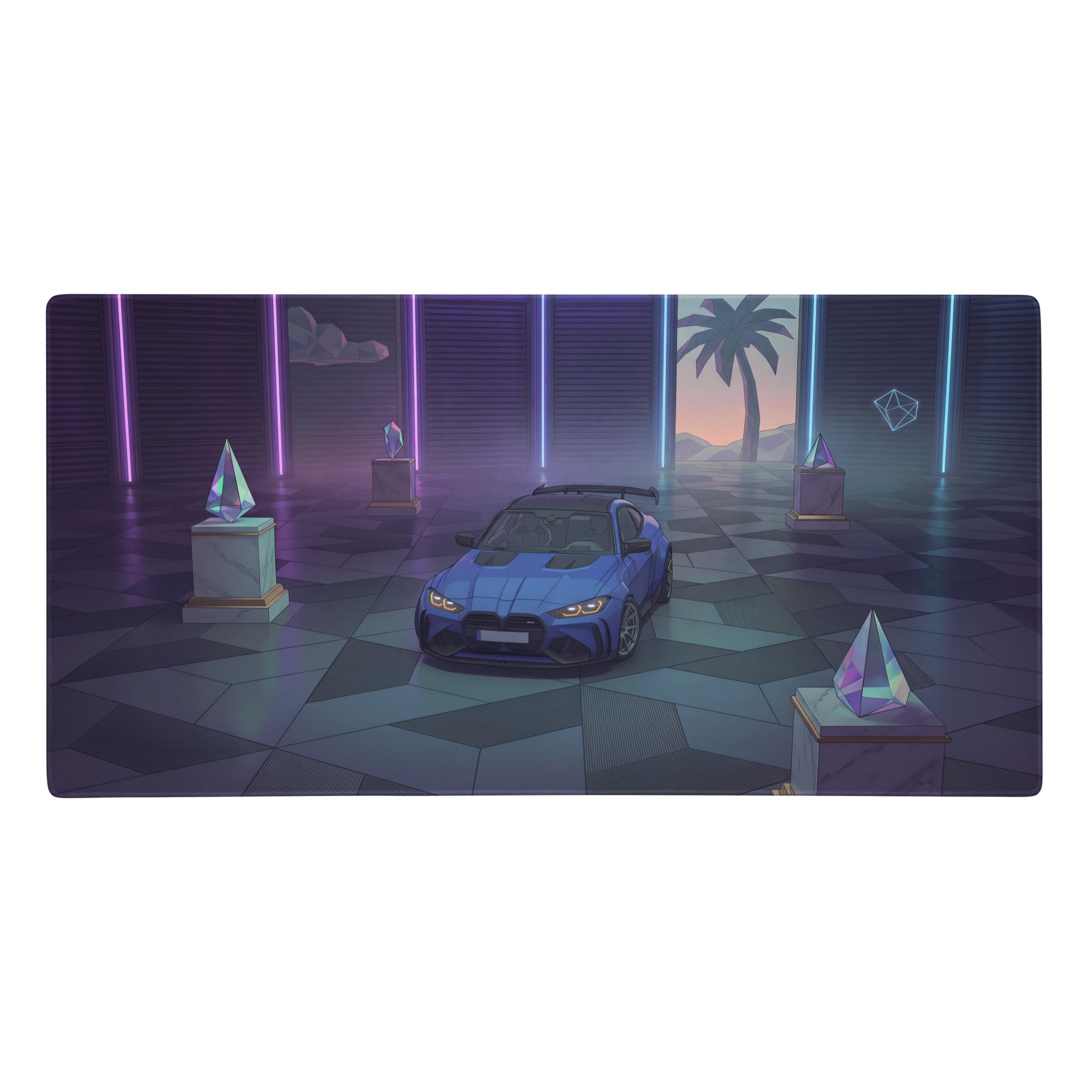 Blue purple vaporwave gaming mouse pad with bmw m4 gt3 inspired neon race car and retro futuristic palm tree artwork