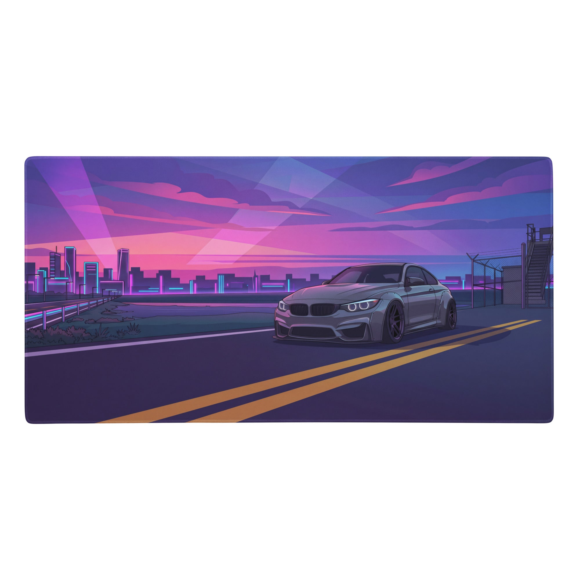 Silver BMW M4 F82 inspired gaming mouse pad with purple vaporwave neon cityscape and sleek sports coupe design