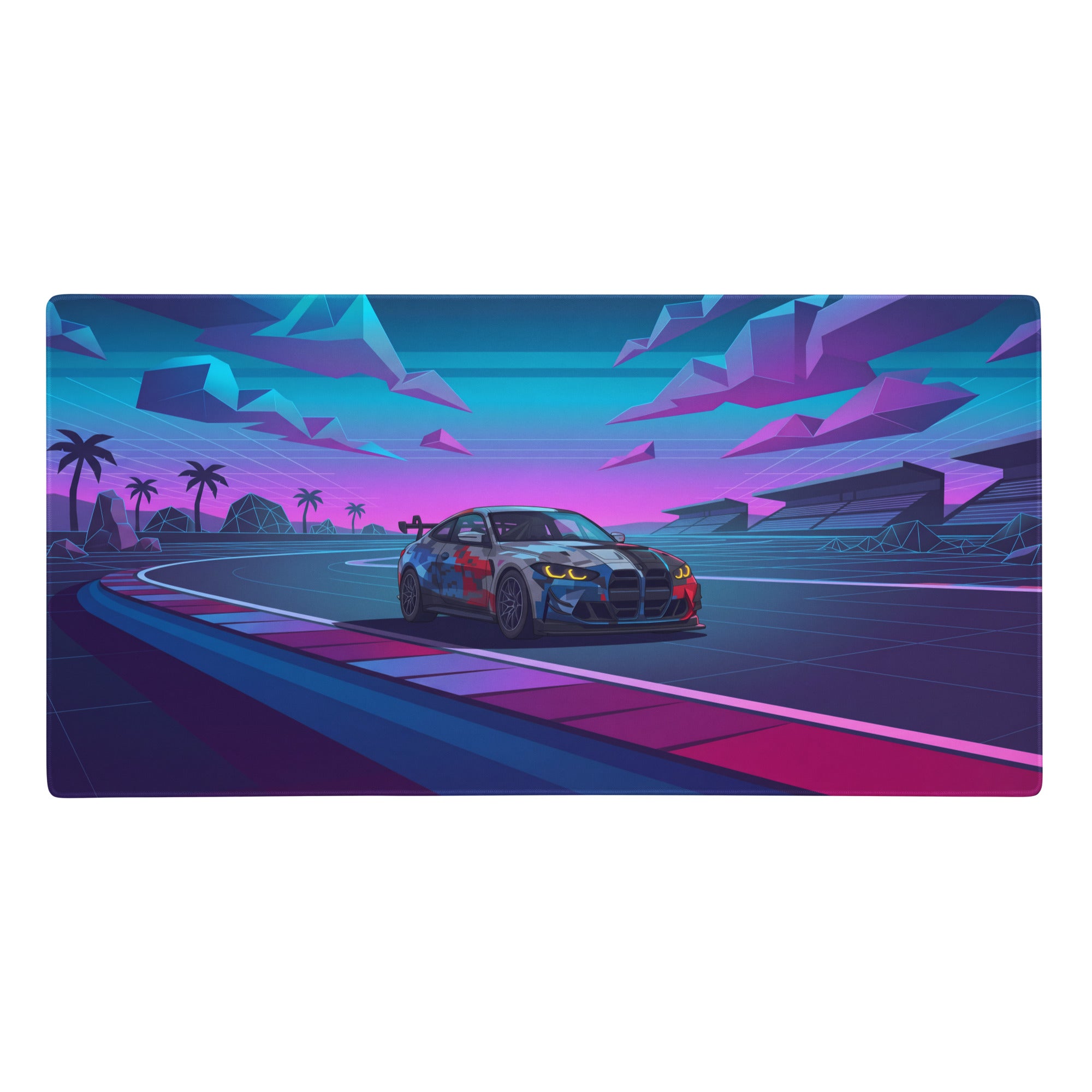 Bmw m4 gt3 inspired blue pink vaporwave gaming mouse pad featuring a neon race car digital art design