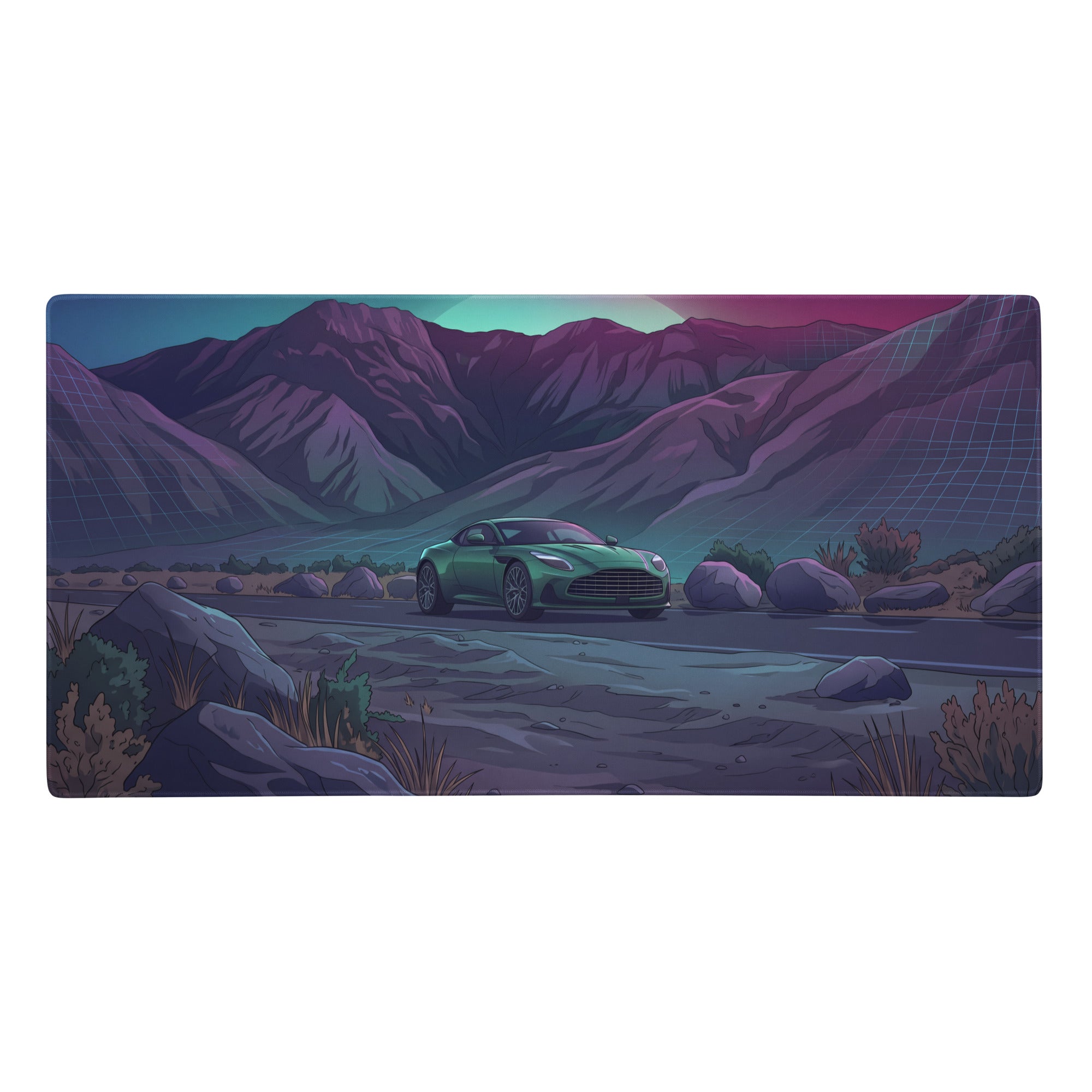 Green aston martin vantage inspired vaporwave gaming mouse pad with purple retro mountain road design on desk mat