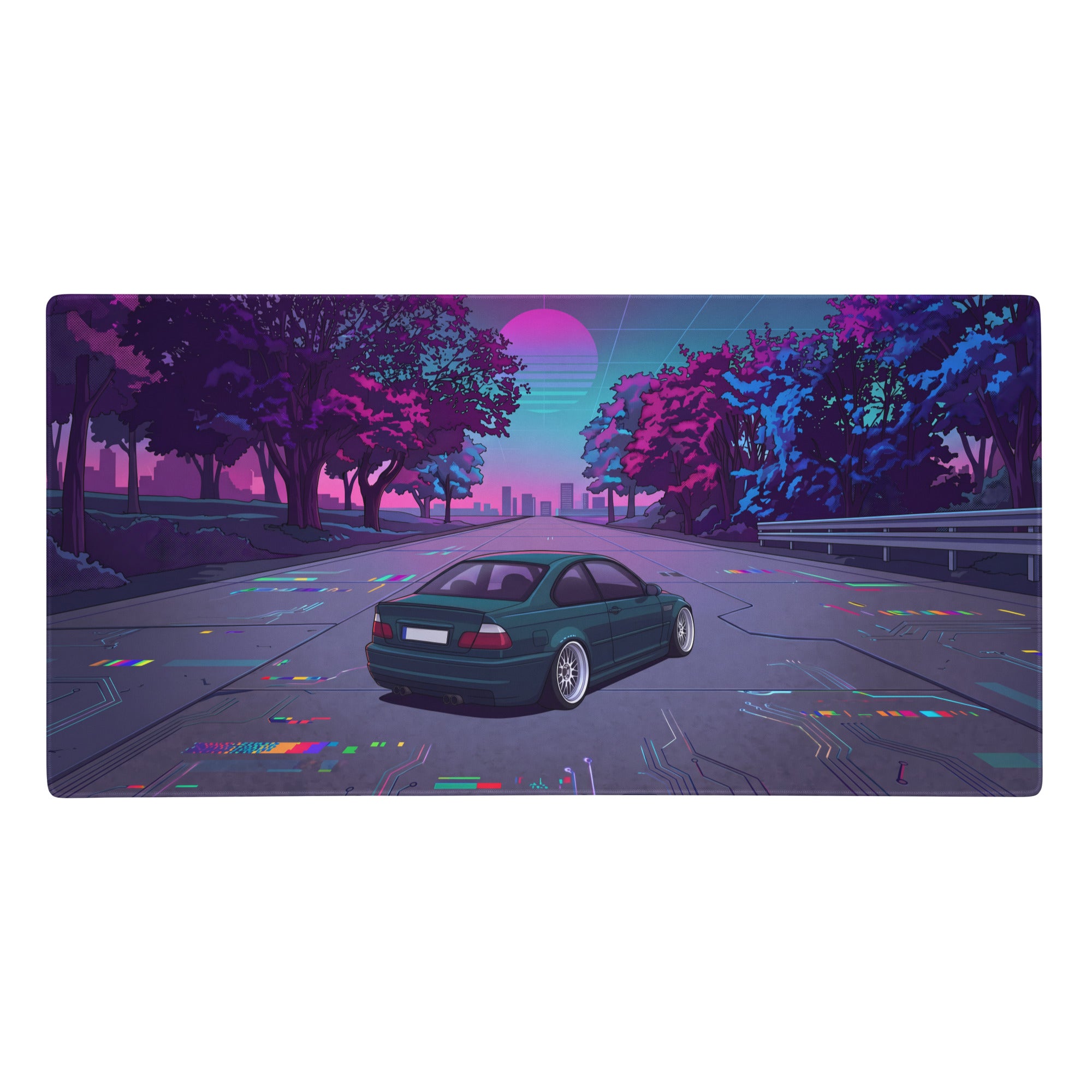 Bmw m3 e46 inspired teal purple vaporwave gaming mouse pad with neon cyberpunk sunset road and dark teal sports coupe design
